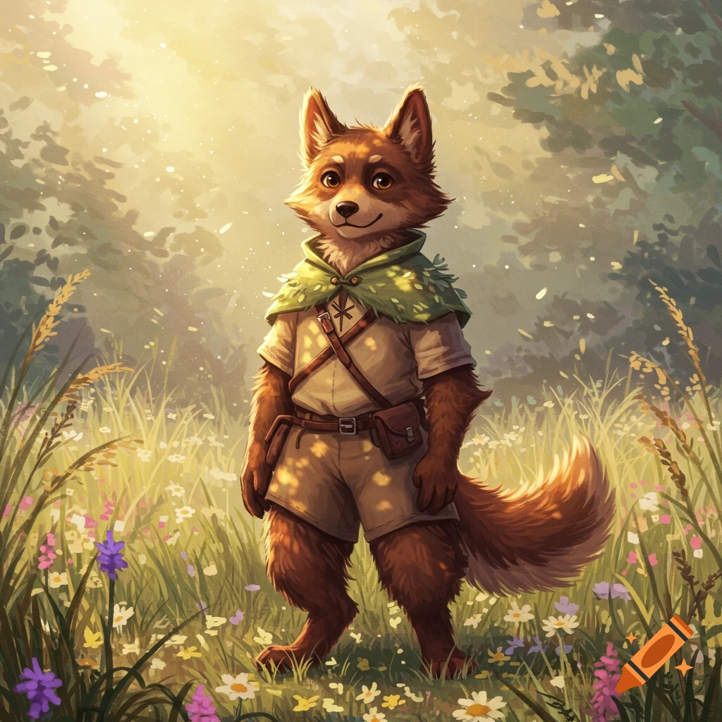 A cute, brown, furry anthropomorphic fox character wearing a green leafy cloak and light clothing stands in a sunlit meadow of wildflowers.