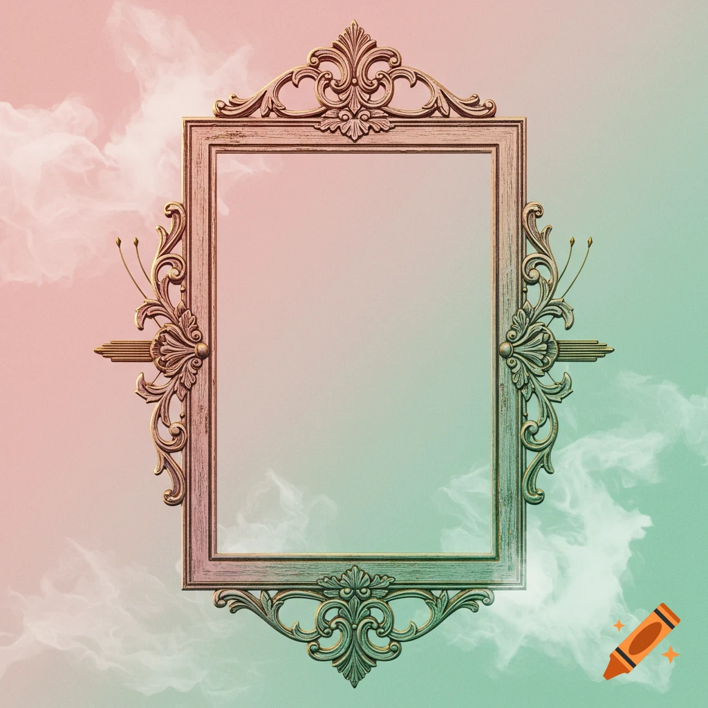 An ornate gold frame with intricate details set against a pink and green gradient background with wispy white clouds.