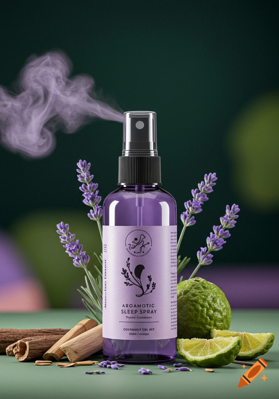 Photorealistic image of a purple spray bottle with a label that reads "AROAMOTIC SLEEP SPRAY", surrounded by lavender, citrus fruit, and cinnamon sticks, with mist spraying from the nozzle.