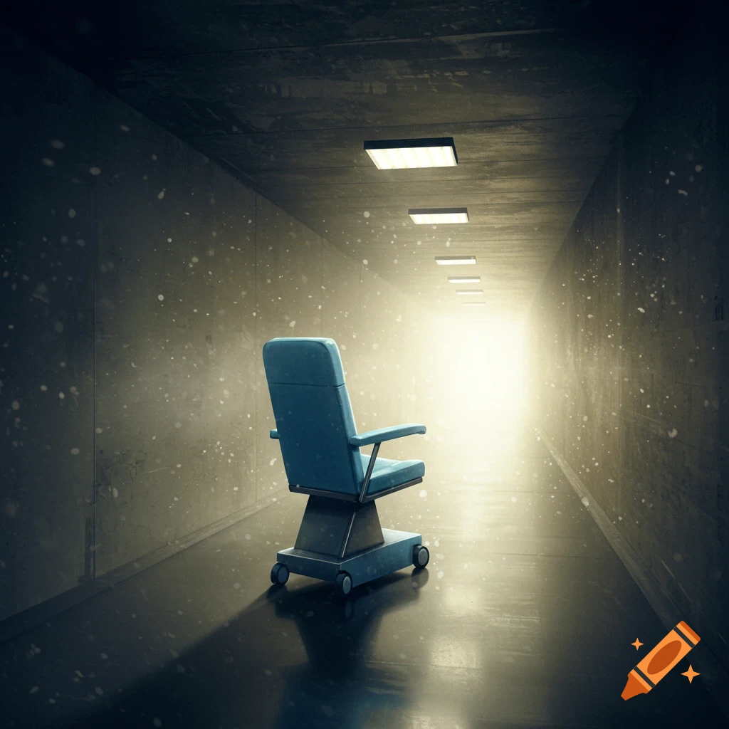 A blue medical chair sits alone in a dark, concrete tunnel with a bright light at its distant end.