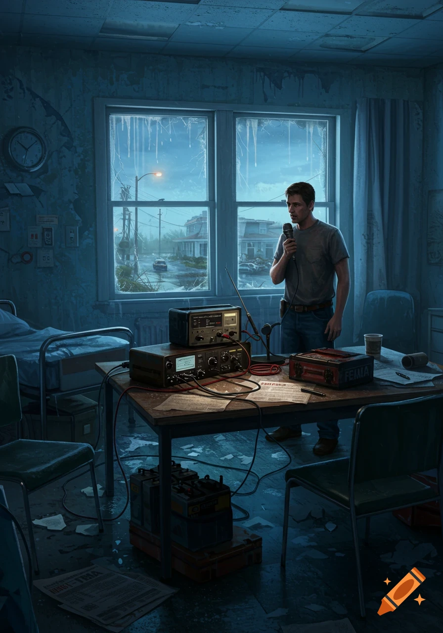 A man in a damaged hospital room speaks into a microphone with a ham radio setup. Broken windows reveal a storm-damaged street outside.