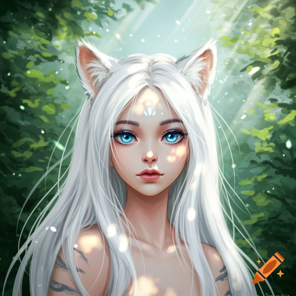 Anime-style portrait of a girl with long white hair, blue eyes, and white tiger ears, standing in a sunlit forest.