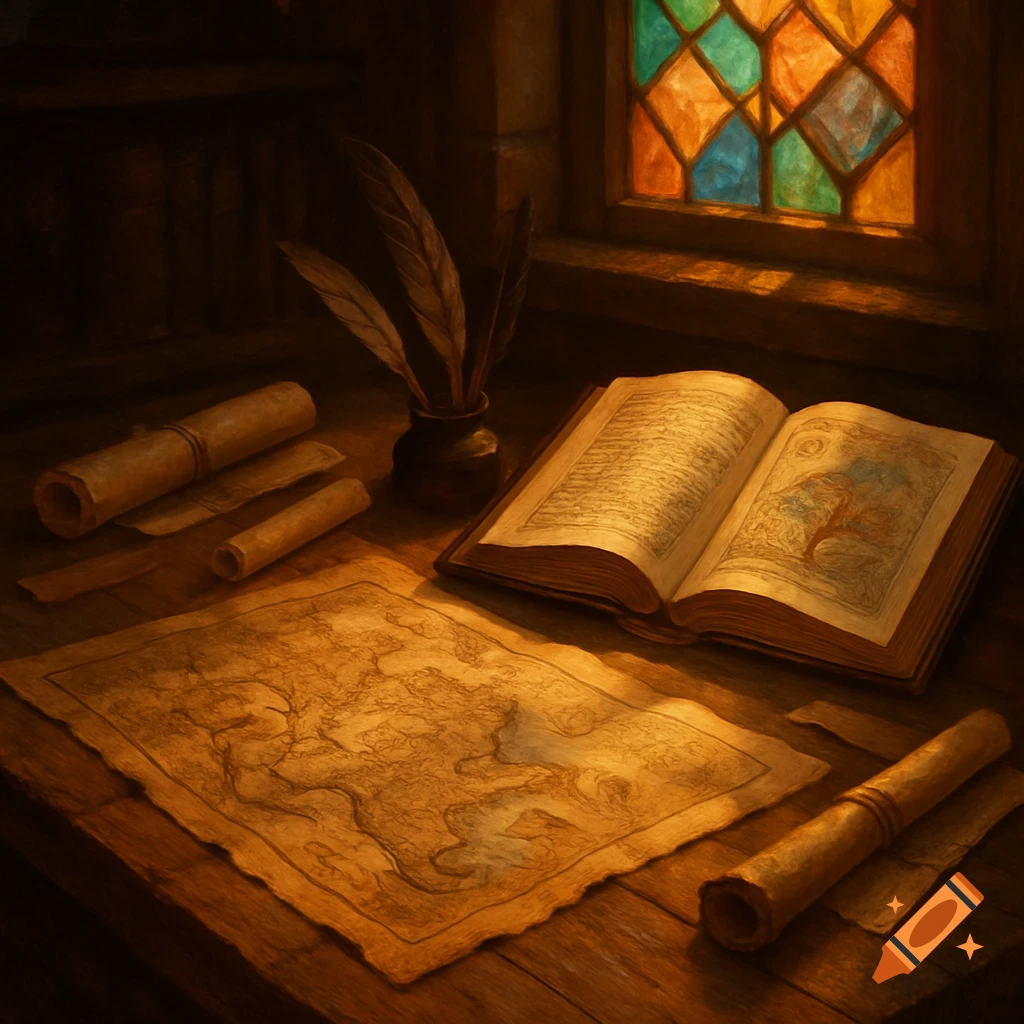 A painting of an old wooden desk with an open book, antique map, quills, and scrolls, illuminated by a stained glass window.