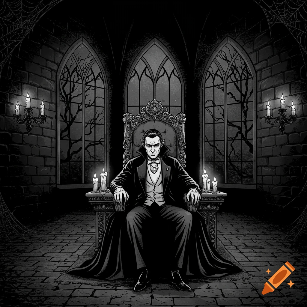 Black and white cartoon of Dracula sitting on an ornate throne in a dimly lit gothic castle, surrounded by lit candles and spiderwebs.