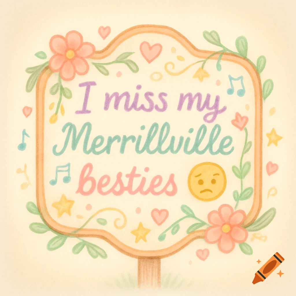 A cute, pastel illustration of a sign saying 'I miss my Merrillville besties' with a sad emoji, surrounded by flowers and hearts.