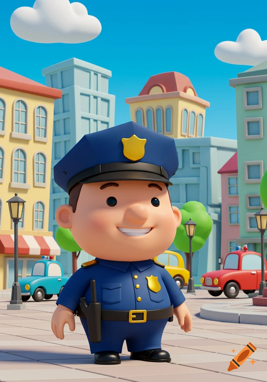 A smiling cartoon policeman stands in a vibrant city with buildings and cars under a clear blue sky.