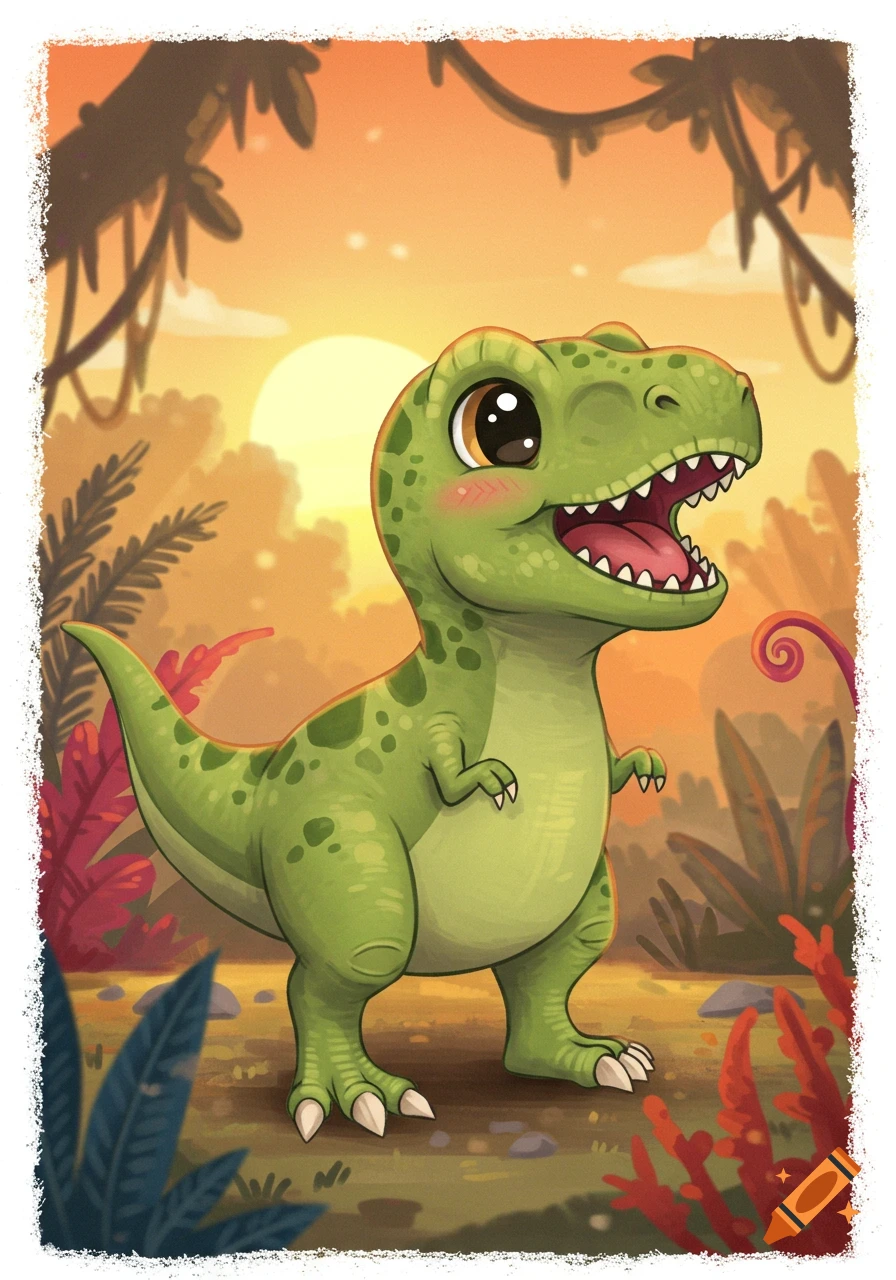 Cute green baby T-Rex with big eyes and open mouth, standing in a cartoon jungle at sunset.