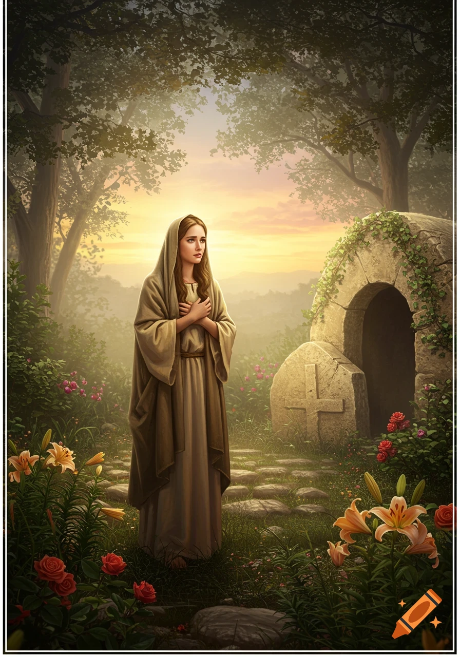 A woman in a robe stands in a vibrant garden with an empty tomb, bathed in warm sunrise light.