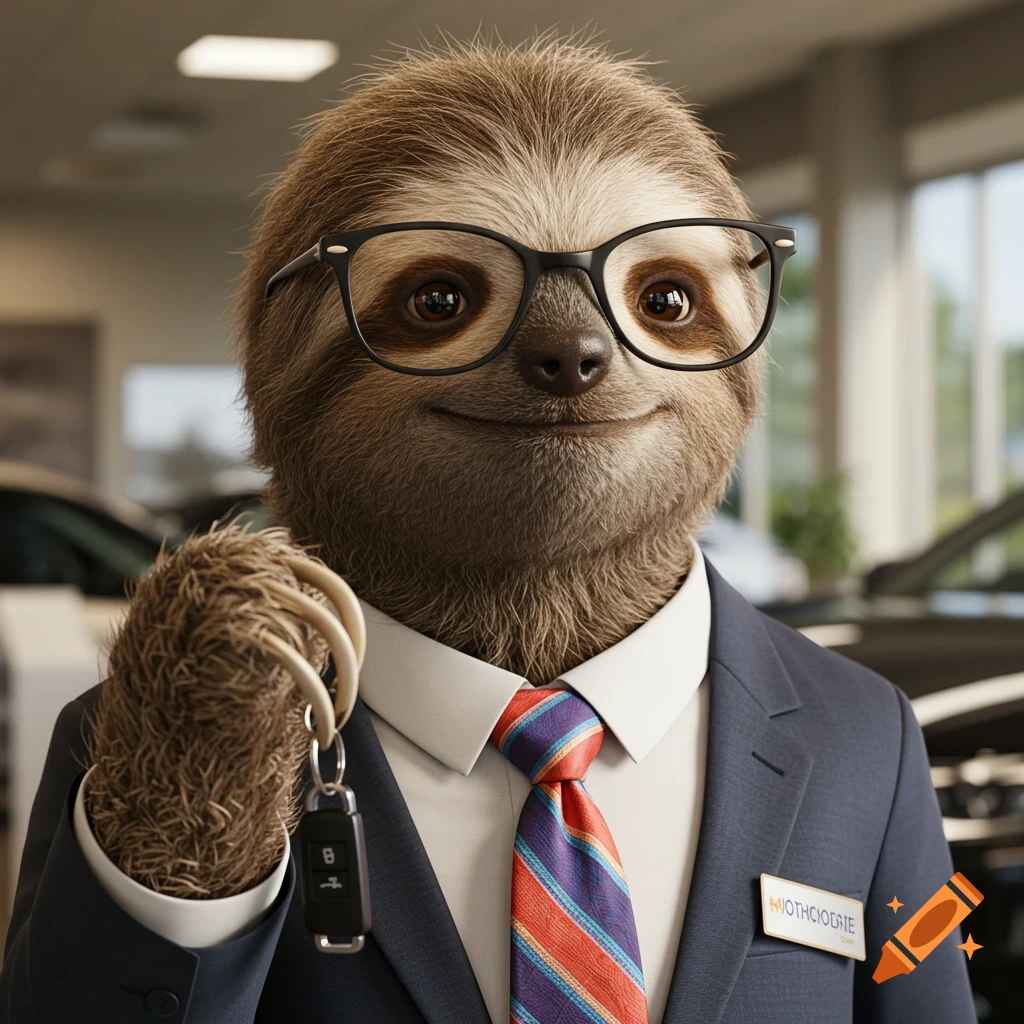 A photorealistic anthropomorphic sloth wearing glasses and a suit, holding car keys in a dealership showroom.