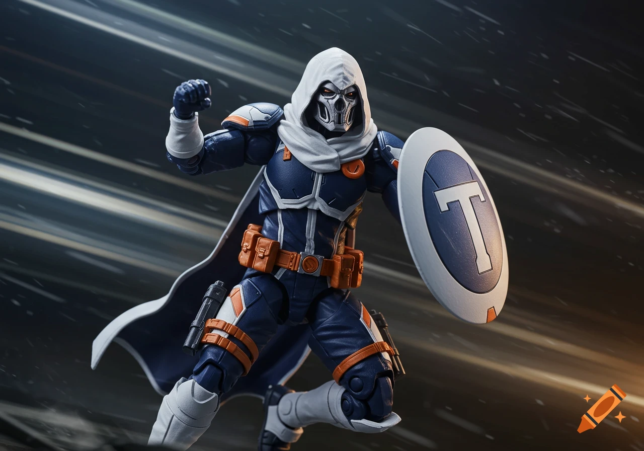 A detailed action figure of Taskmaster, wearing a white hood and mask, blue and orange armored suit, holding a shield with a T.
