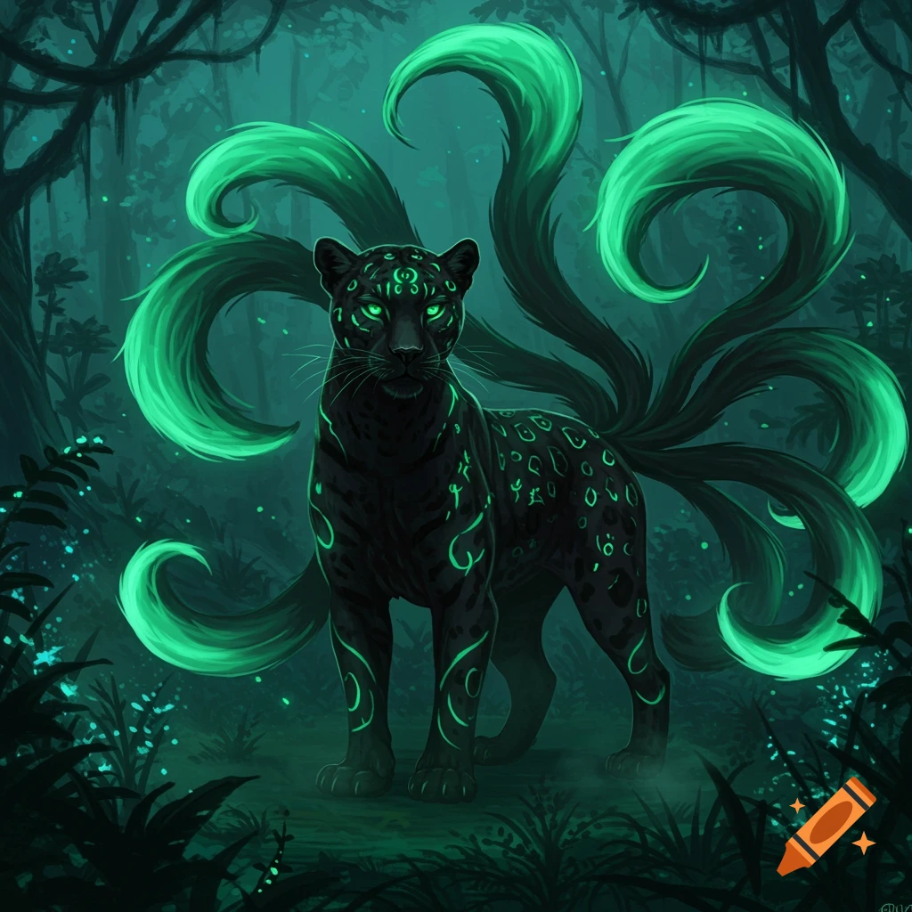 A black jaguar with glowing jade-green eyes, intricate patterns, and nine luminous tails stands in a dark, misty jungle.
