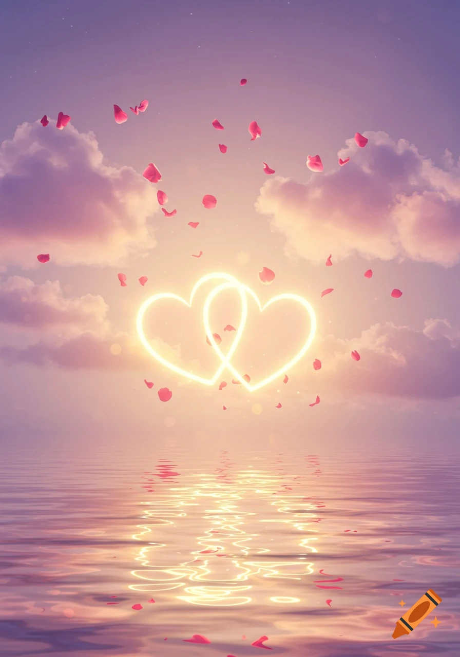 Two glowing interconnected hearts float above a calm body of water with rose petals falling, set against a vibrant pink and purple sunset sky.