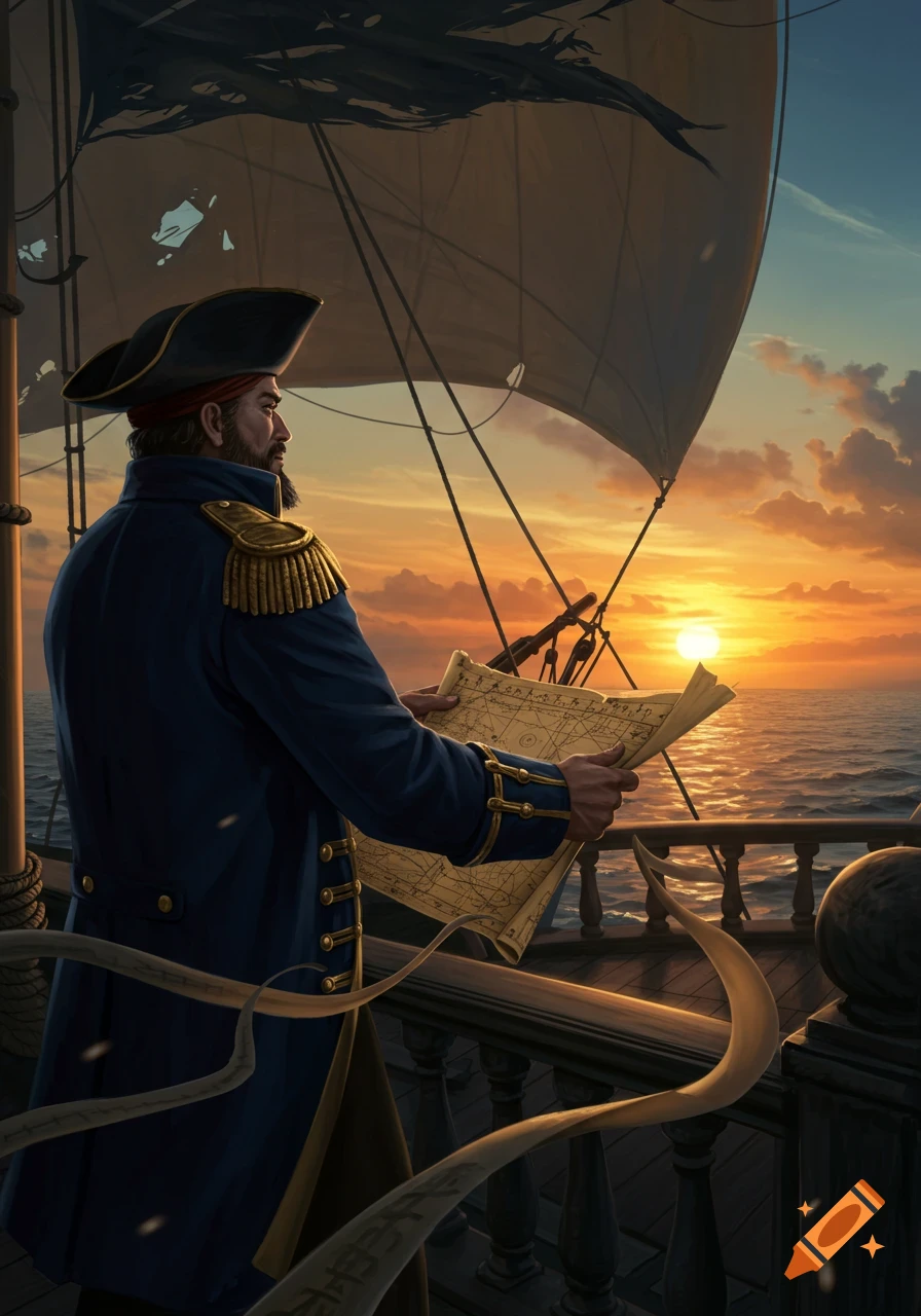 A bearded captain in a blue uniform and tricorn hat stands on a ship's deck at sunset, holding and studying a map.