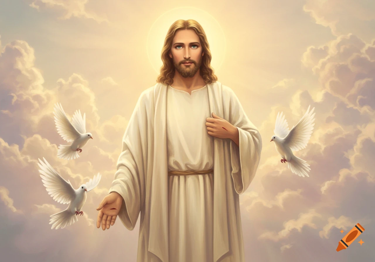 Jesus Christ in a white robe, glowing in the clouds with three white doves.
