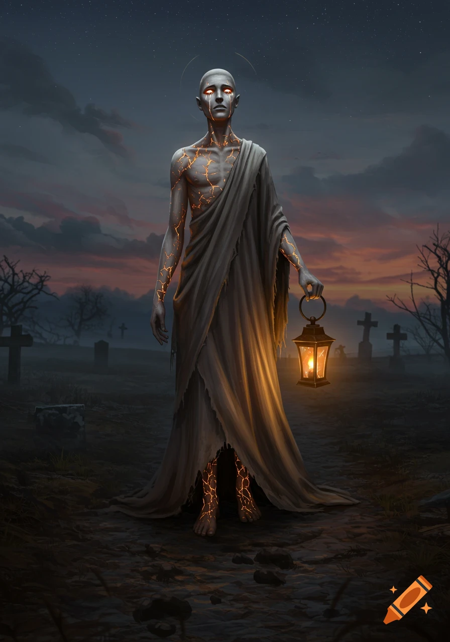 A pale, bald, ethereal figure with glowing cracks and glowing tears stands in a gloomy twilight graveyard, holding a glowing lantern.