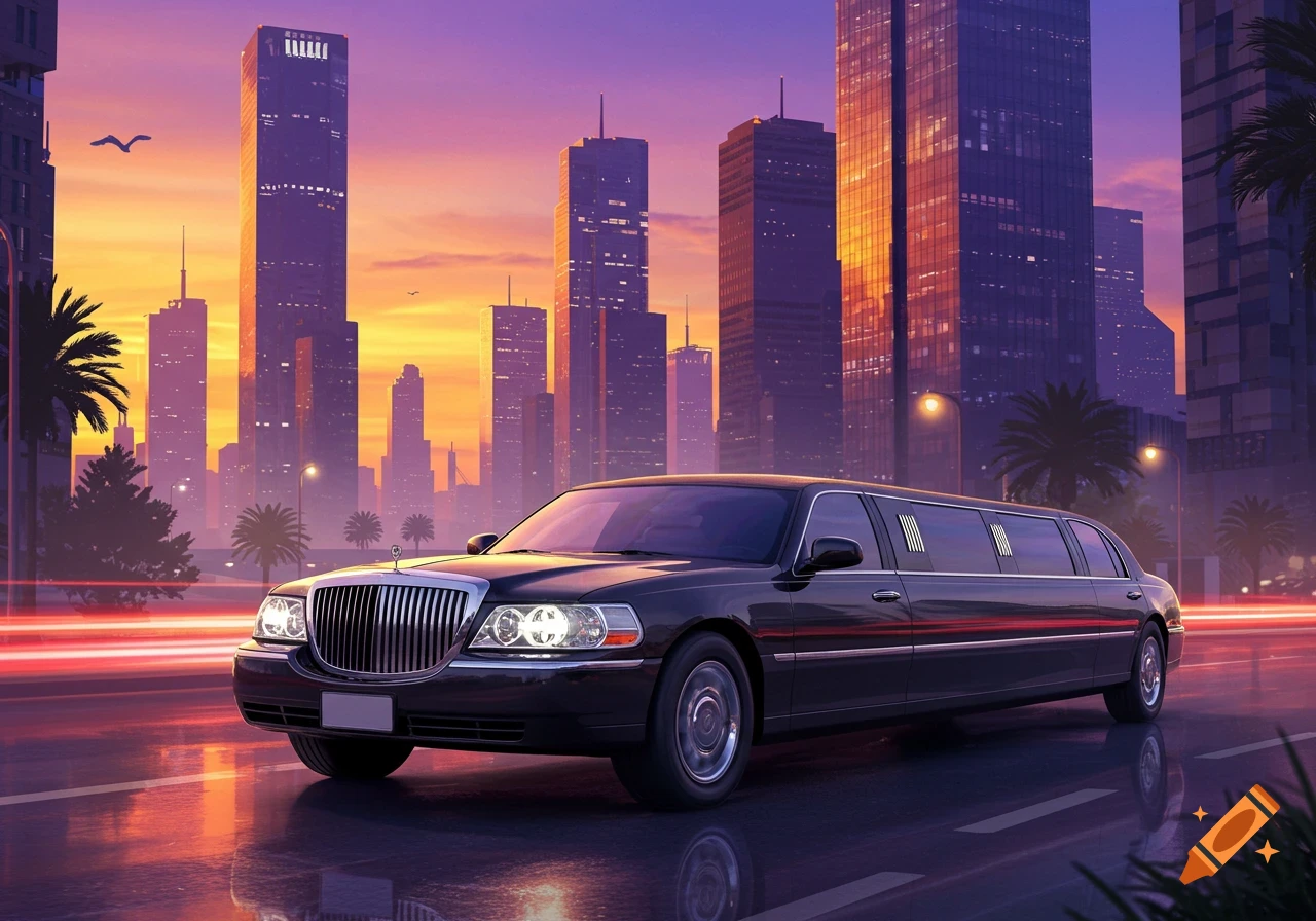 A black limousine drives through a futuristic city at sunset, with tall skyscrapers and vibrant orange and purple skies.