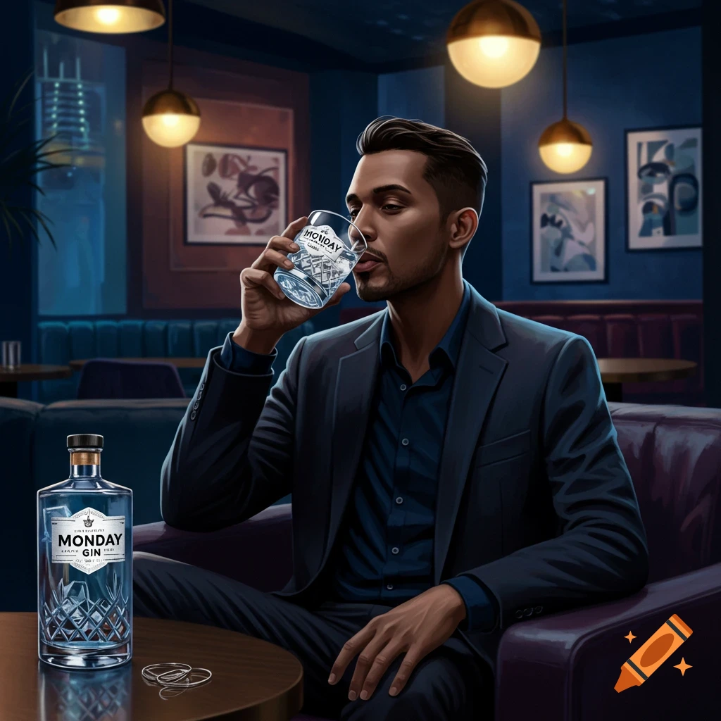 A man in a dark suit sips from a glass of Monday Gin in a dimly lit bar, with a bottle of Monday Gin on the table.