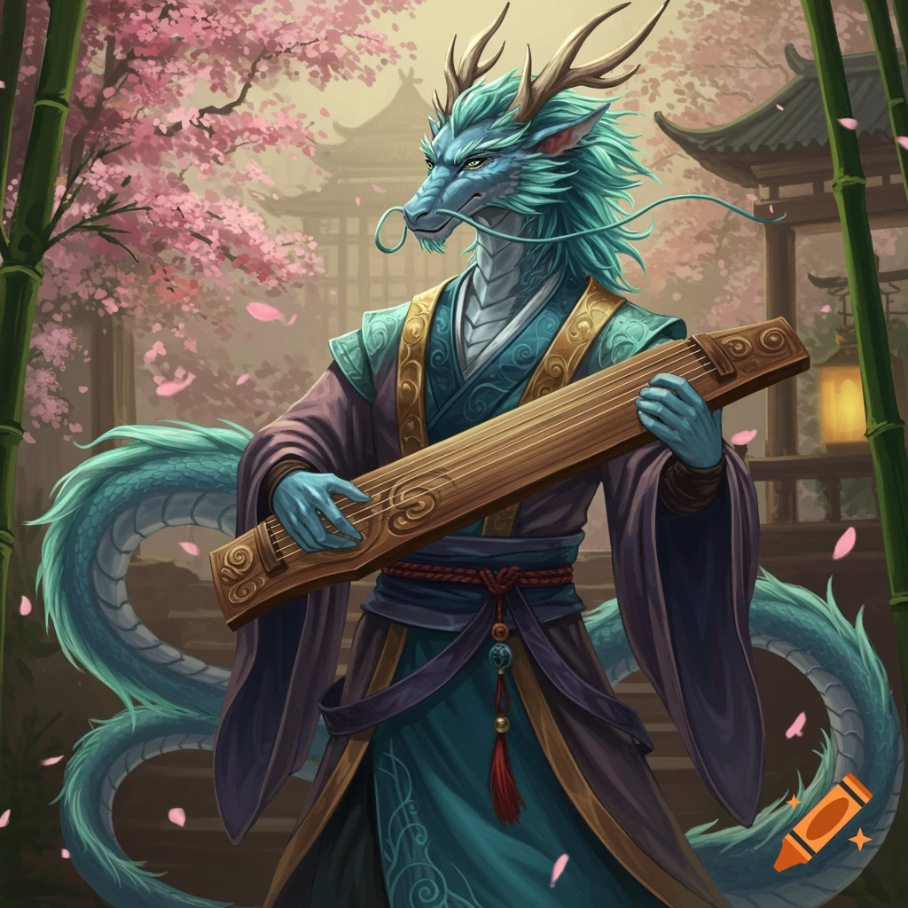 A majestic blue and jade-green dragon-like character with horns and flowing robes plays a guqin amidst pink cherry blossoms and bamboo.