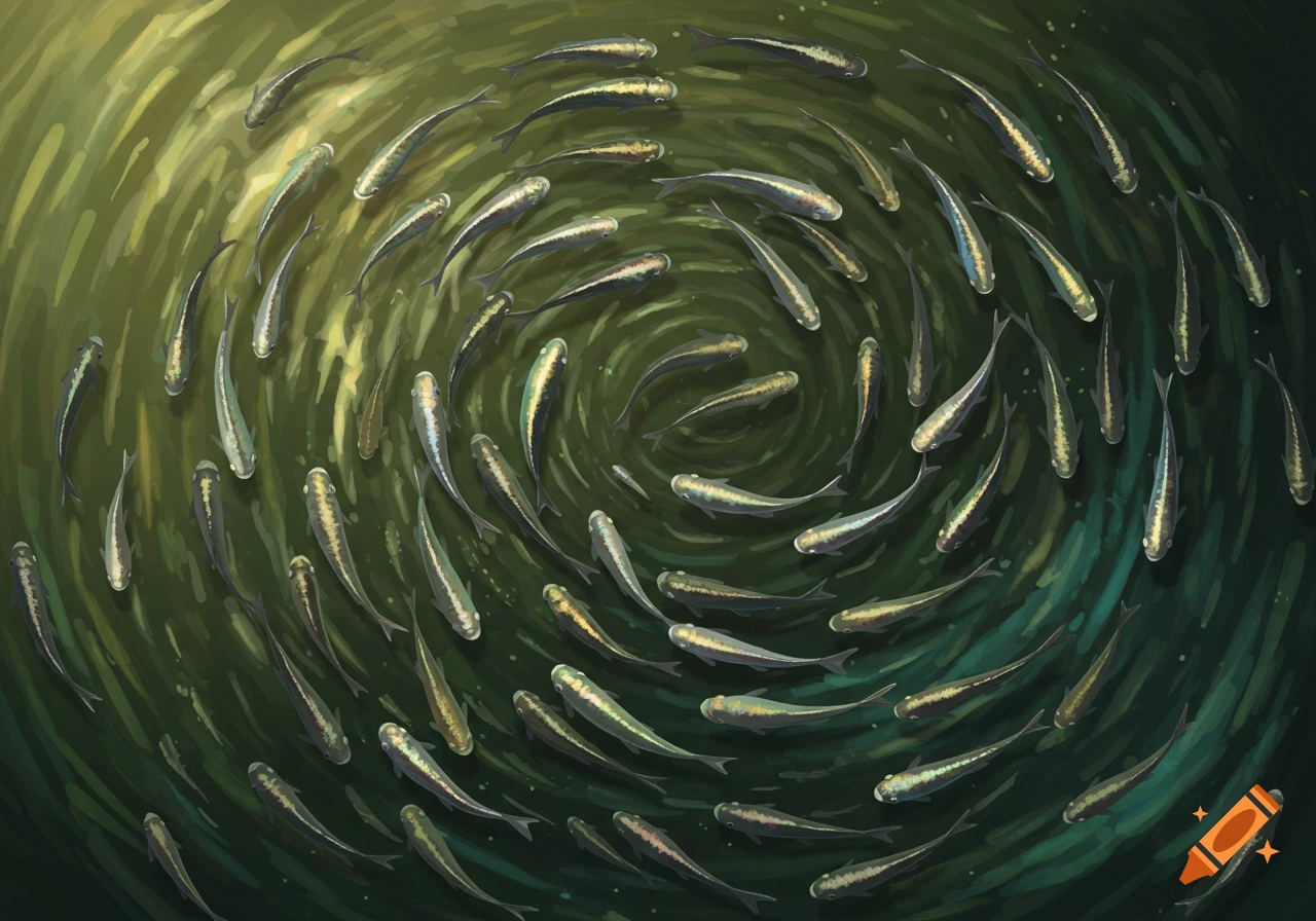 A school of minnow-like fish swims in a swirling circular pattern in green-brown water, viewed from above, in a painterly style.