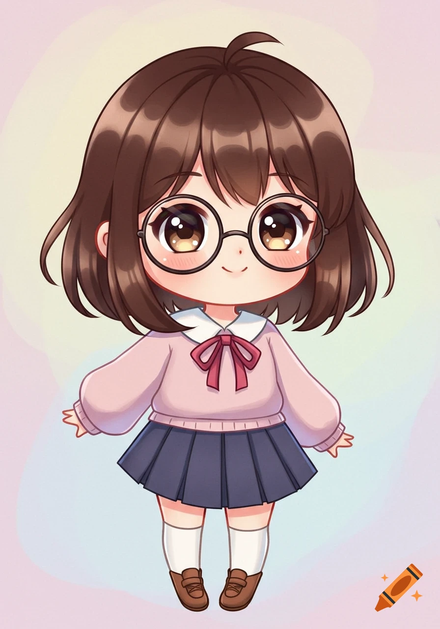 Cute chibi cartoon girl with brown hair and round glasses, wearing a pink sweater and blue skirt.