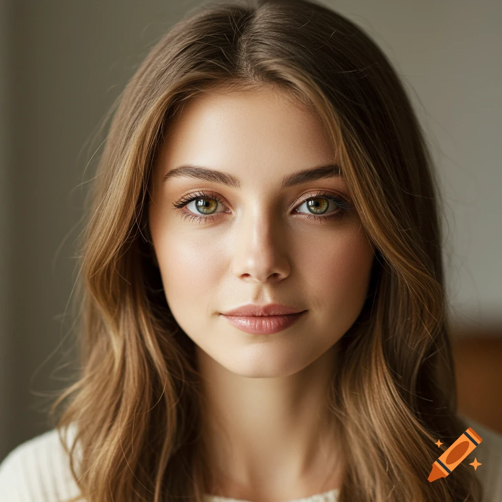Close-up photorealistic portrait of a young woman with light brown hair and hazel eyes, looking directly at the viewer.