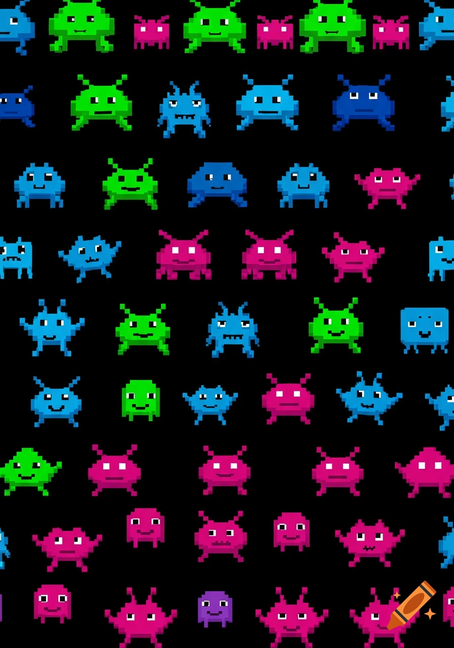 A seamless pattern of colorful pixel art alien invaders in green, blue, and pink against a black background.