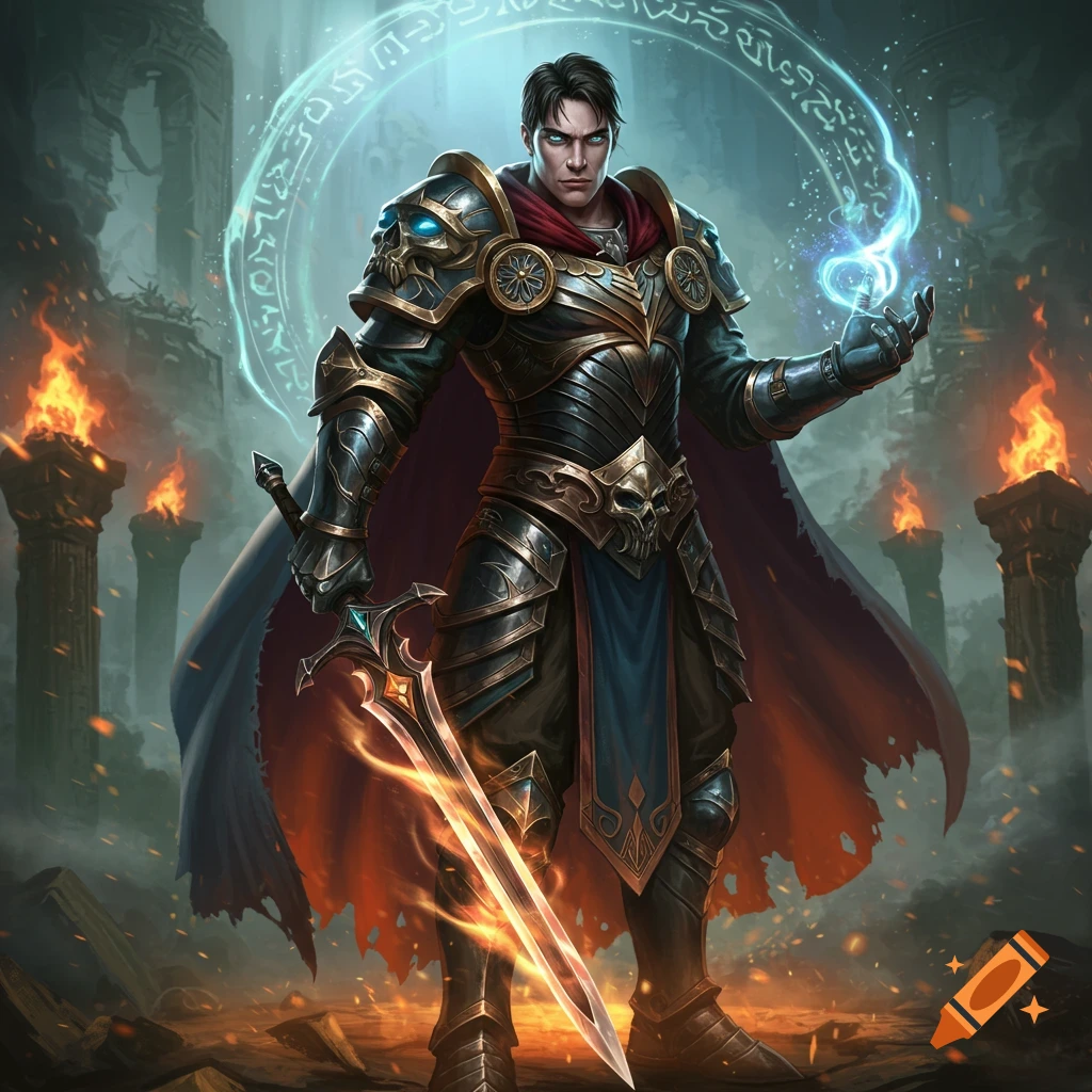 A powerful male character in detailed dark and gold fantasy armor, holding a glowing sword and casting blue magic, stands in ruins.