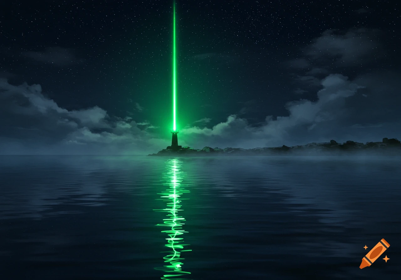 A lighthouse emits a bright green beam of light into a starry night sky, reflecting on the calm dark water.