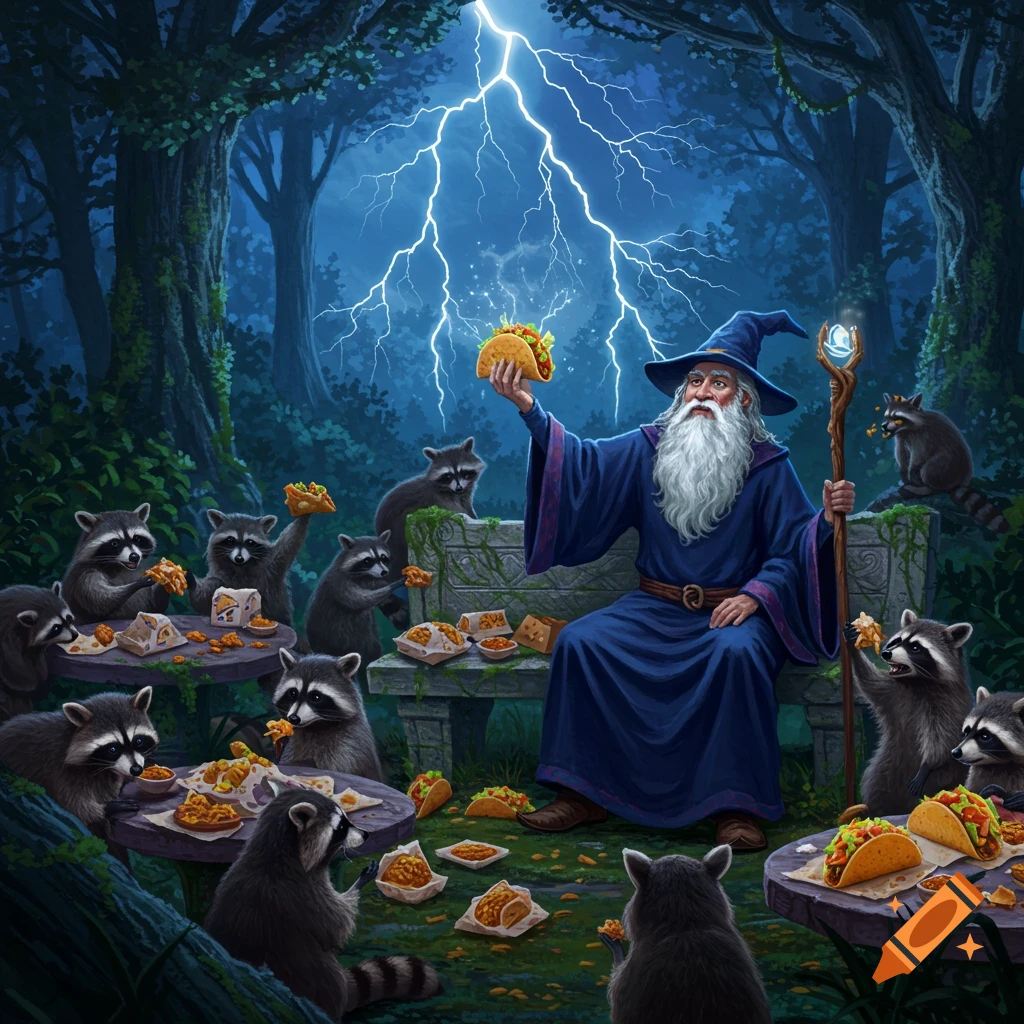 A wizard in blue robes and a pointed hat sits on a stone bench under a lightning storm, holding up a taco. Around him, numerous raccoons are eating tacos and other fast food items from boxes and tables in a dark forest setting.