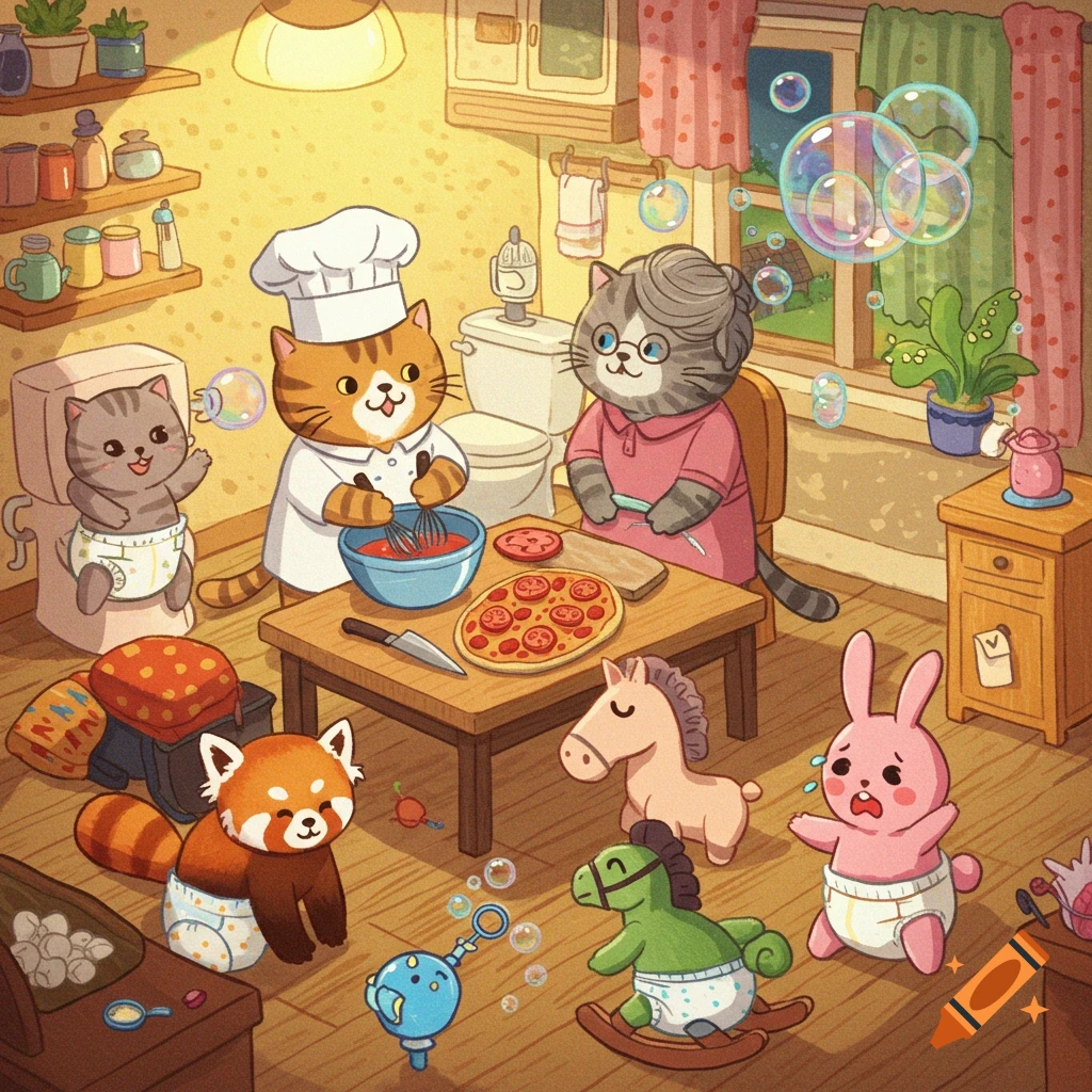 A heartwarming cartoon of anthropomorphic animals in a cozy kitchen. A chef cat bakes pizza, while a grandma cat watches. Baby animals in diapers, including a cat on a toilet, a red panda, a crying pink rabbit, and a green rocking horse, play with bubbles.