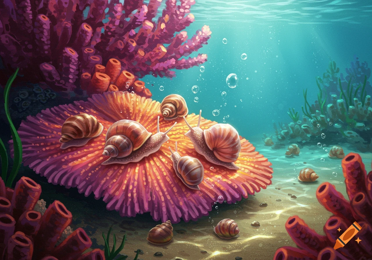 An underwater illustration depicts several snails on a large, vibrant orange and purple coral formation, with sunlight filtering through the blue water.