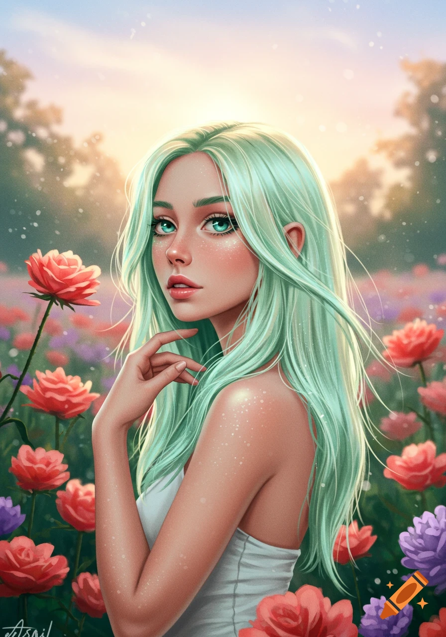 Digital art portrait of a woman with mint green hair and light eyes in a field of vibrant flowers under a bright sky.