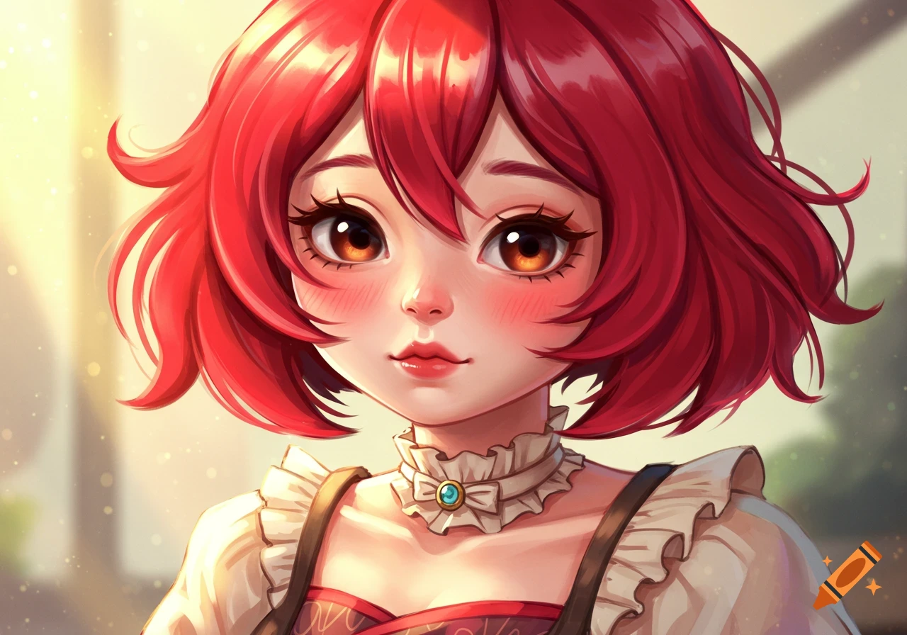 A cute anime girl with bright red hair, big brown eyes, and rosy cheeks, wearing a white ruffled blouse and a brown apron dress.