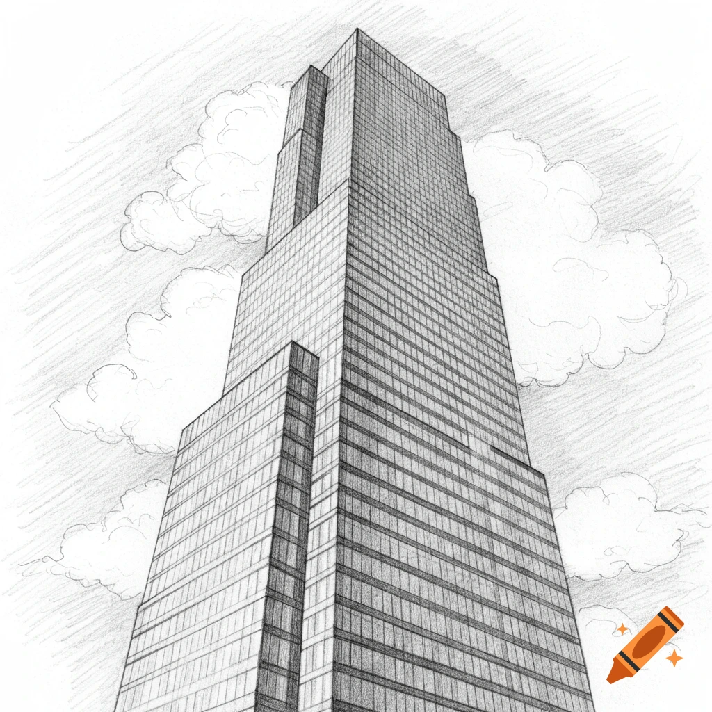 A low-angle pencil sketch of a tall skyscraper reaching into the sky, with clouds in the background.