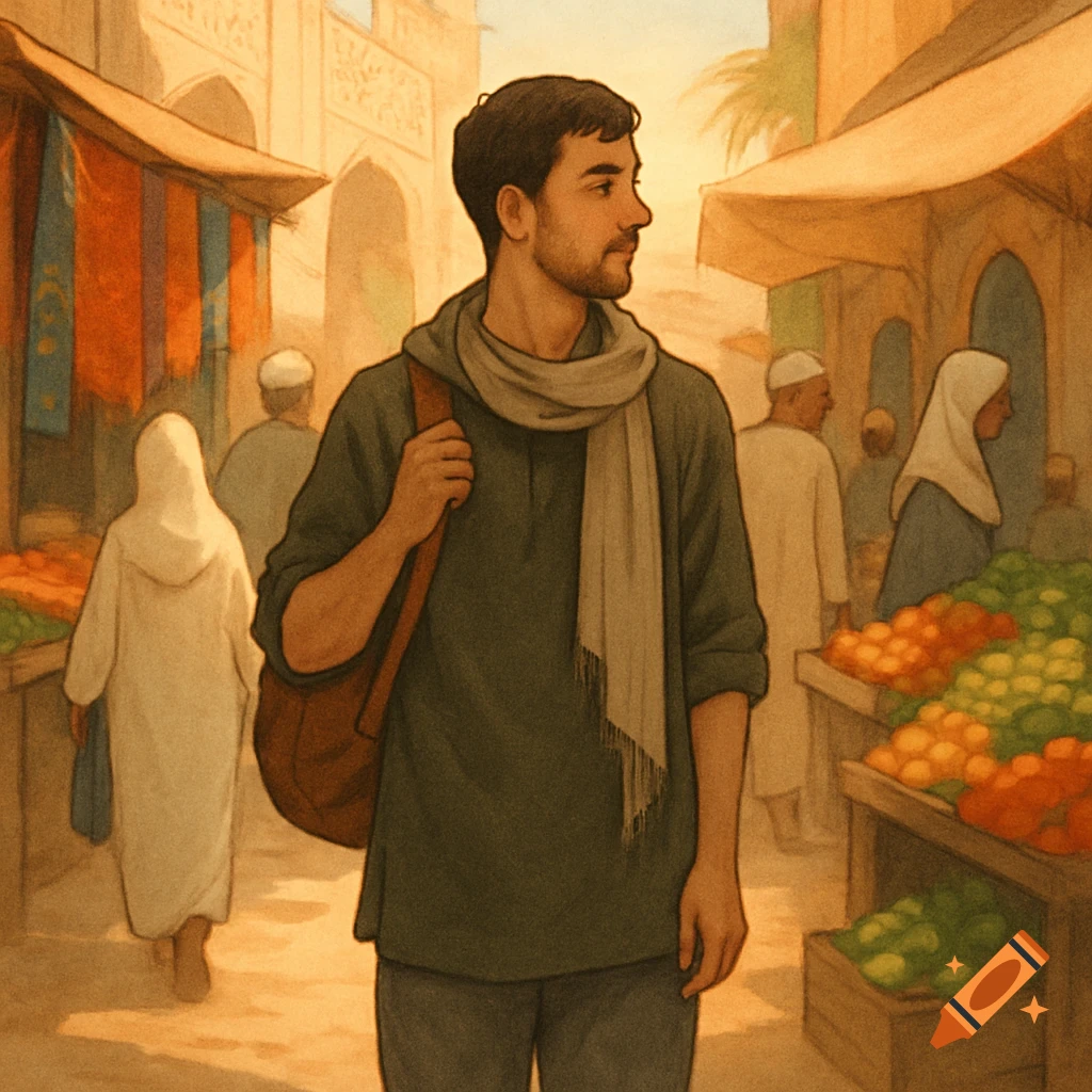 An illustrated scene of a man with a scarf and bag walking through a bustling marketplace with fruit stalls, rendered in a painterly style.