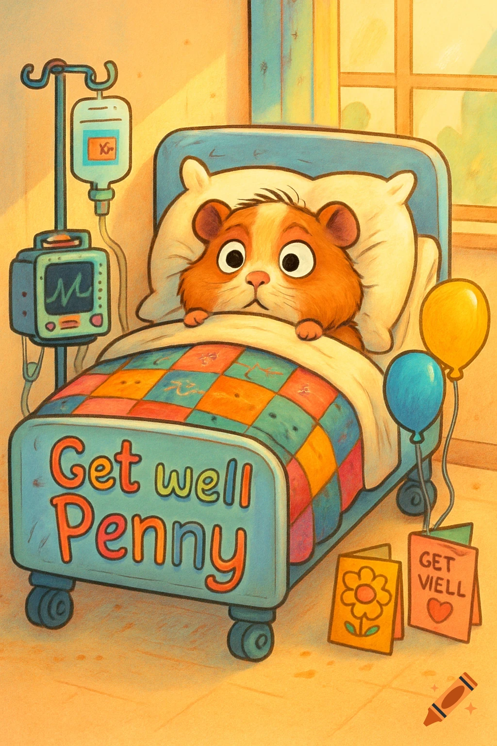 A cute cartoon guinea pig lying in a hospital bed with an IV drip, a colorful patchwork blanket, and balloons. The bed frame says "Get well Penny".