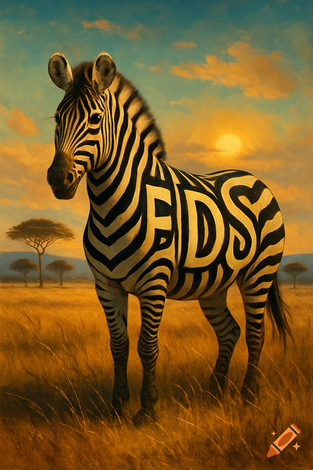 A zebra with the letters EDS integrated into its stripes stands in a golden savanna at sunset.