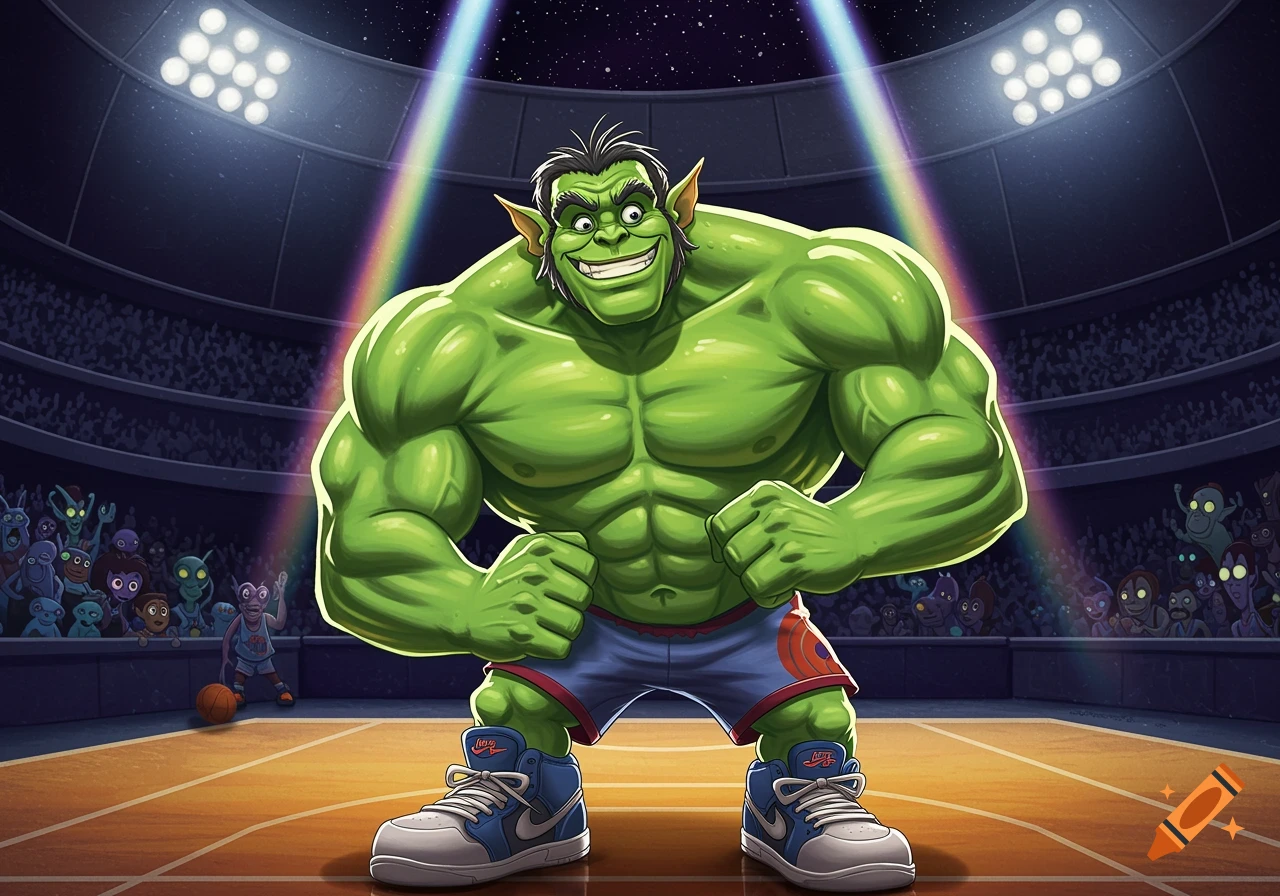 A muscular green alien monster in basketball shorts and sneakers flexes on a court in a stadium under spotlights, with a crowd of aliens.
