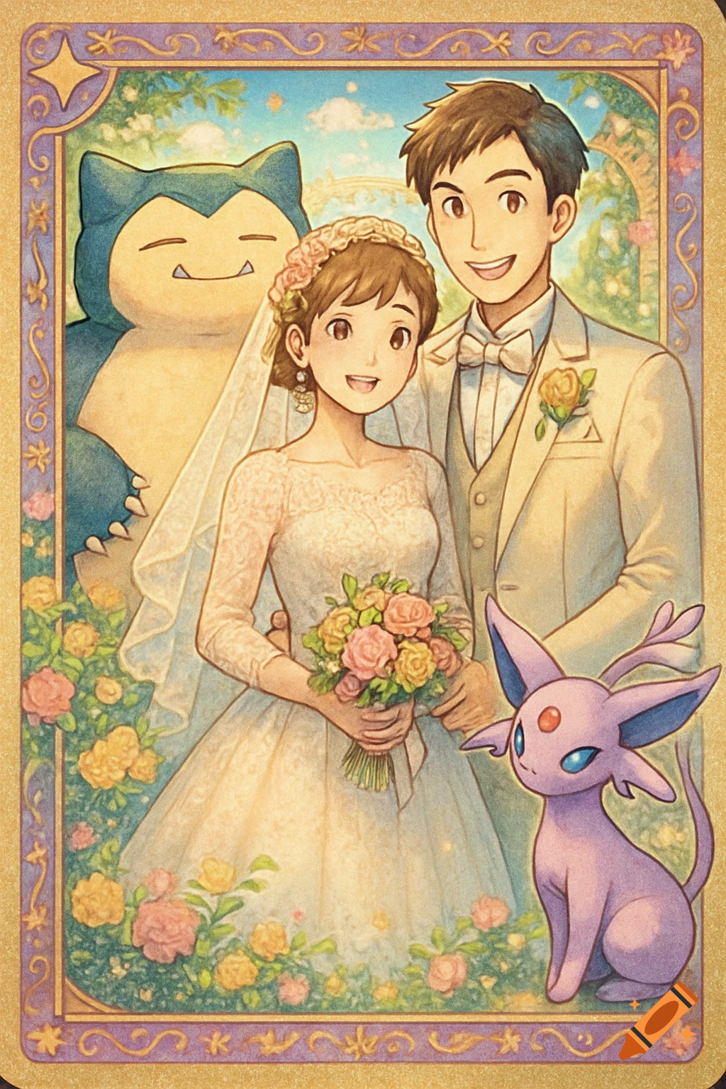An anime-style illustration of a bride and groom on their wedding day, flanked by large Snorlax and Espeon Pokemon characters, all framed by a decorative border.