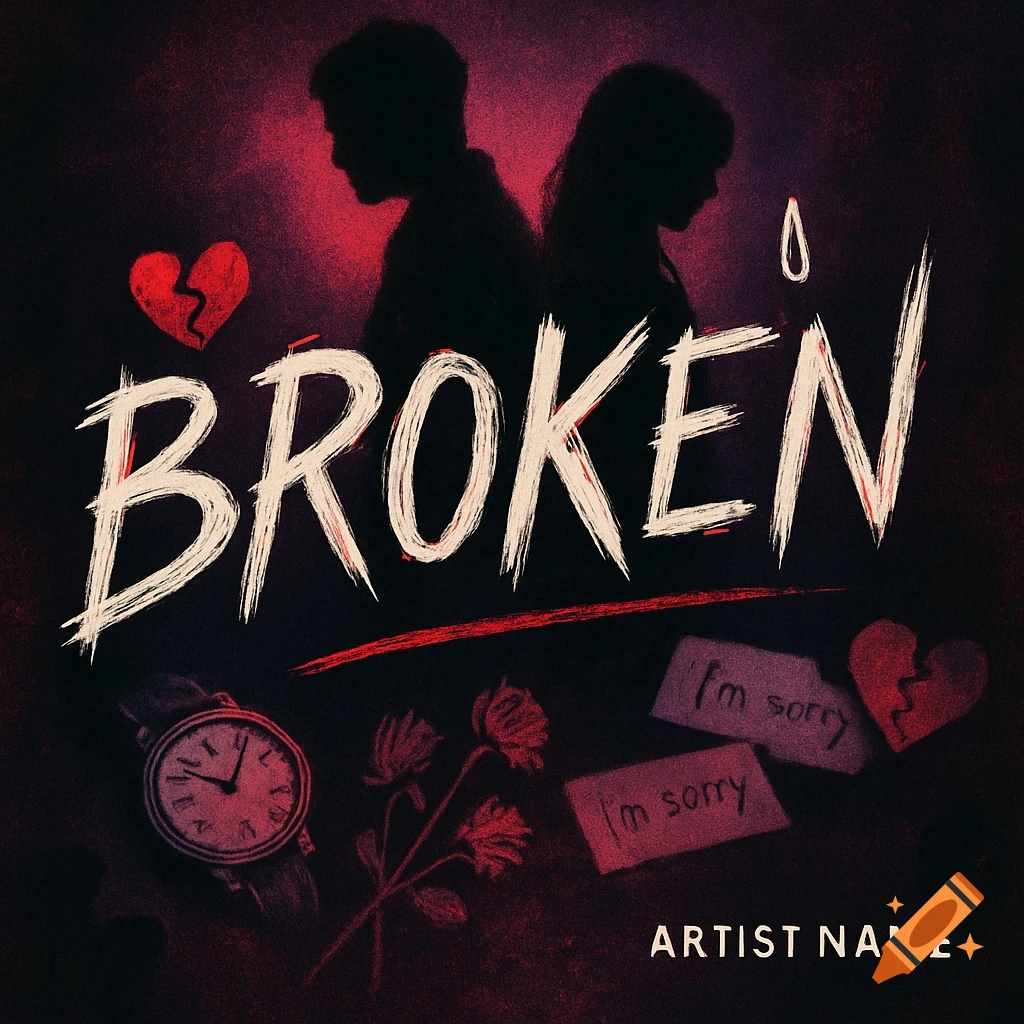 Stylized album cover for BROKEN featuring two silhouetted figures, a broken heart, watch, flowers, and 'I'm sorry' notes.