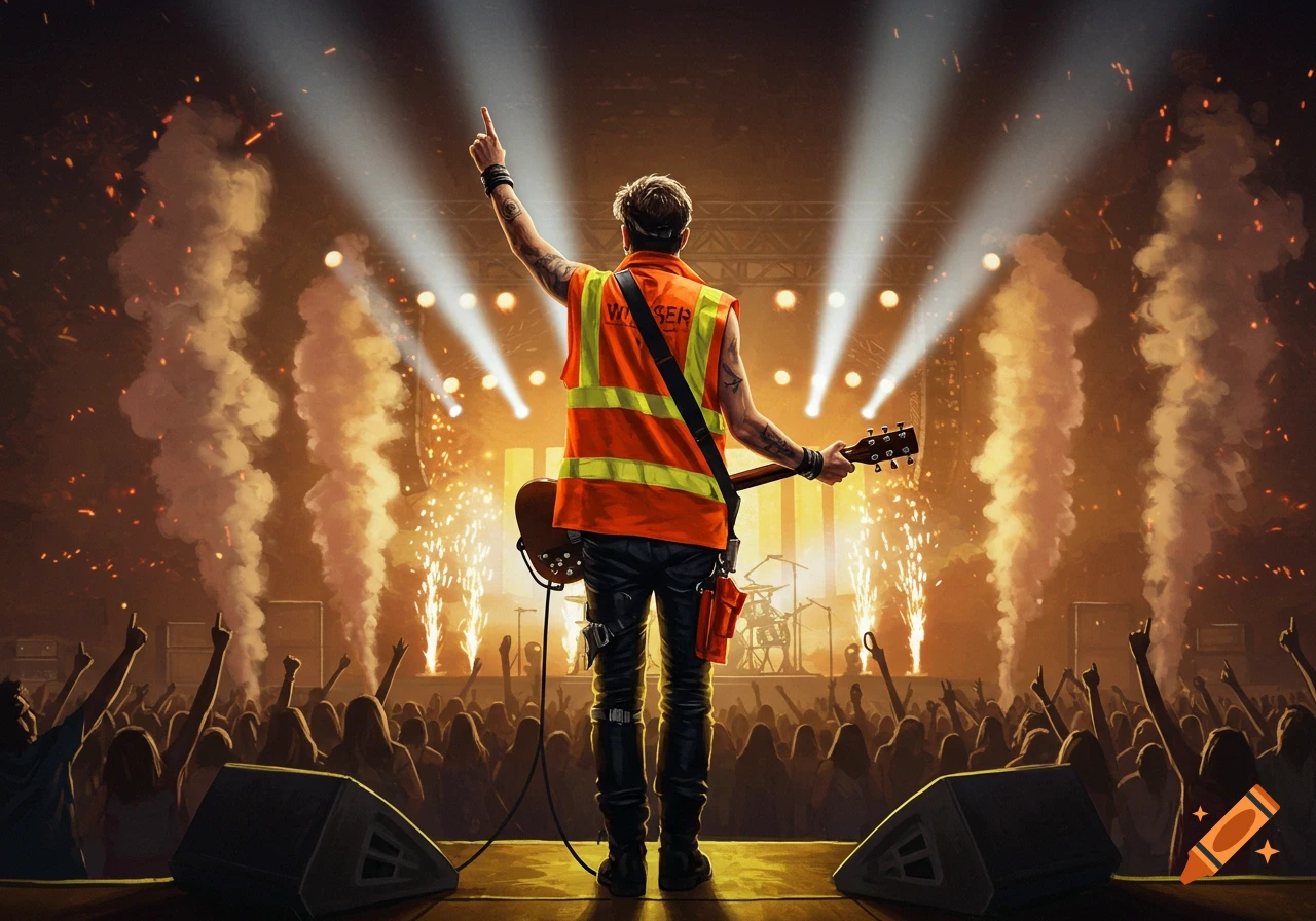 A rock star with a safety vest and guitar stands on stage, facing a cheering crowd under bright spotlights and pyrotechnics.