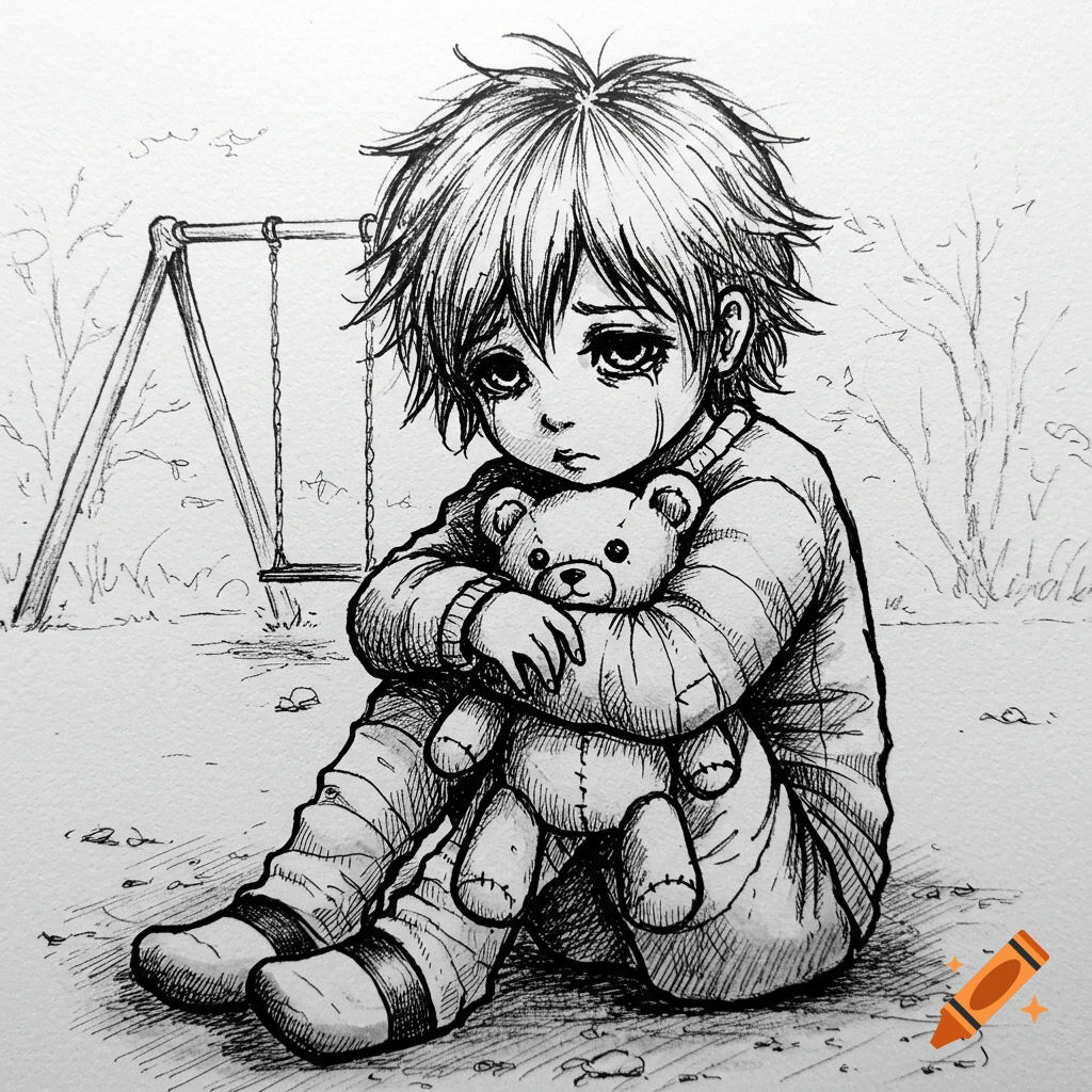 Black and white sketch of a sad child sitting on the ground, holding a teddy bear, with a swing set in the background.