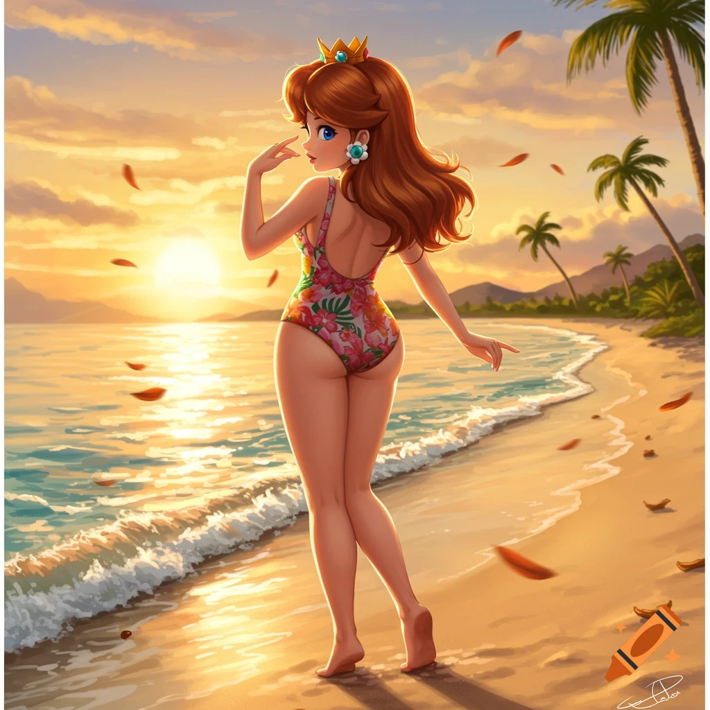 Princess Daisy in a floral one-piece swimsuit on a beach at sunset, looking over her shoulder.