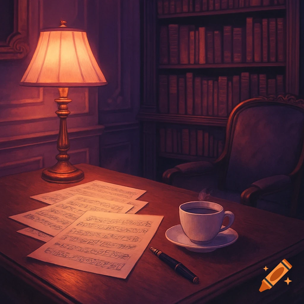 A cozy, dimly lit study with a desk, glowing lamp, handwritten music sheets, a steaming coffee cup, and a pen. A bookshelf and armchair are in the background.