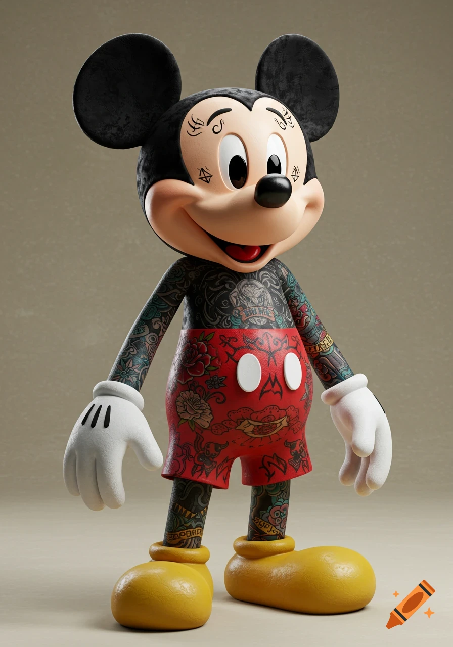 A stylized 3D render of Mickey Mouse covered in various intricate tattoos, including designs on his face, arms, torso, and legs, against a plain background.