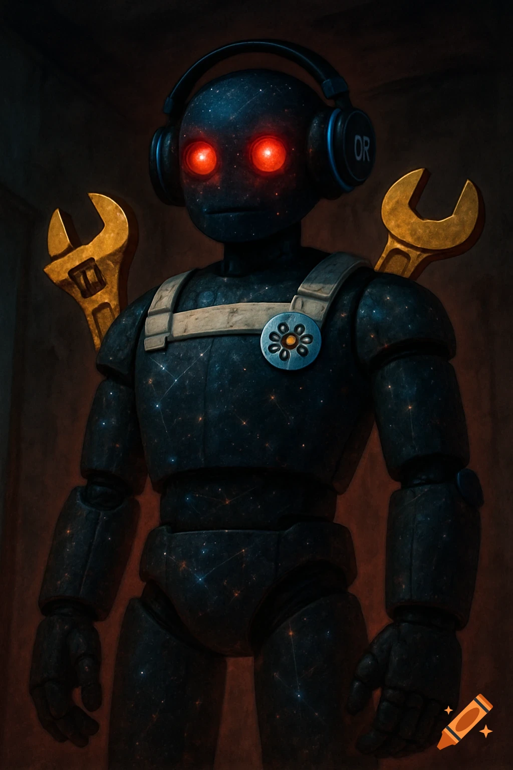 A dark, humanoid robot with glowing red eyes and skin resembling a starry night sky wears headphones and a harness with large gold wrenches on its back.