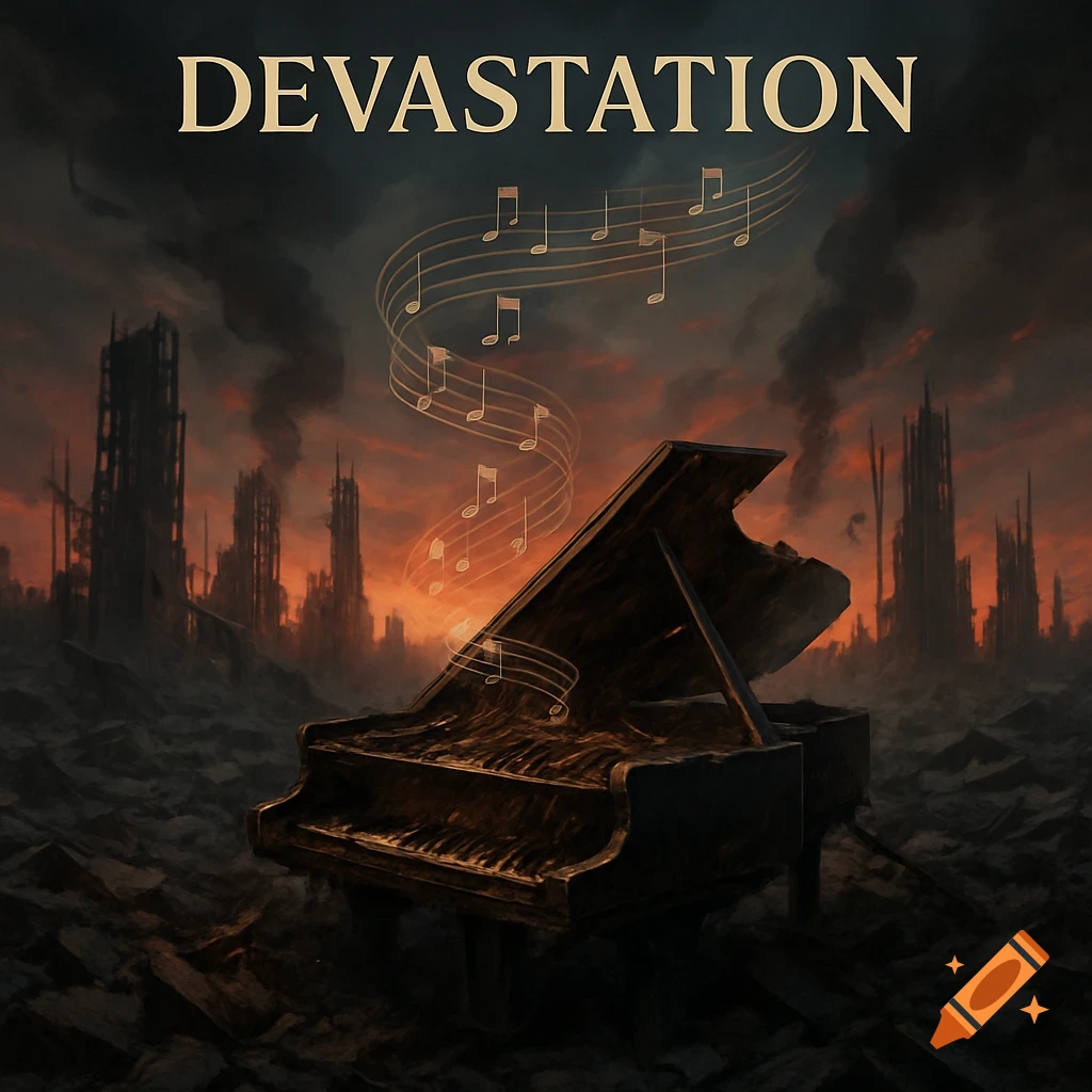 A grand piano stands in a ruined, apocalyptic city under a fiery sky, with musical notes floating above. Text reads 'DEVASTATION'.