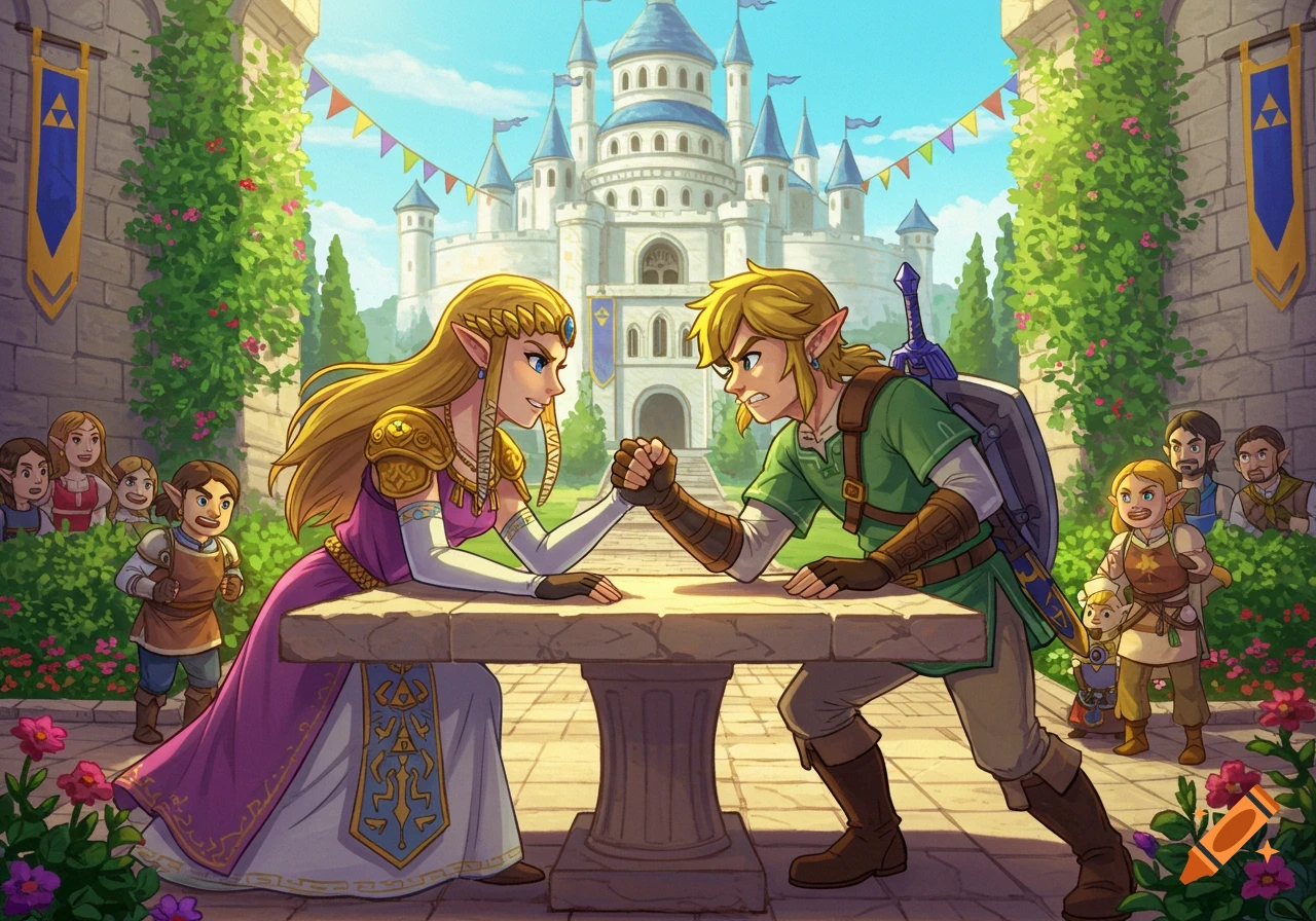 Princess Zelda and Link arm wrestle at a stone table outside a vibrant castle in a cartoon art style.