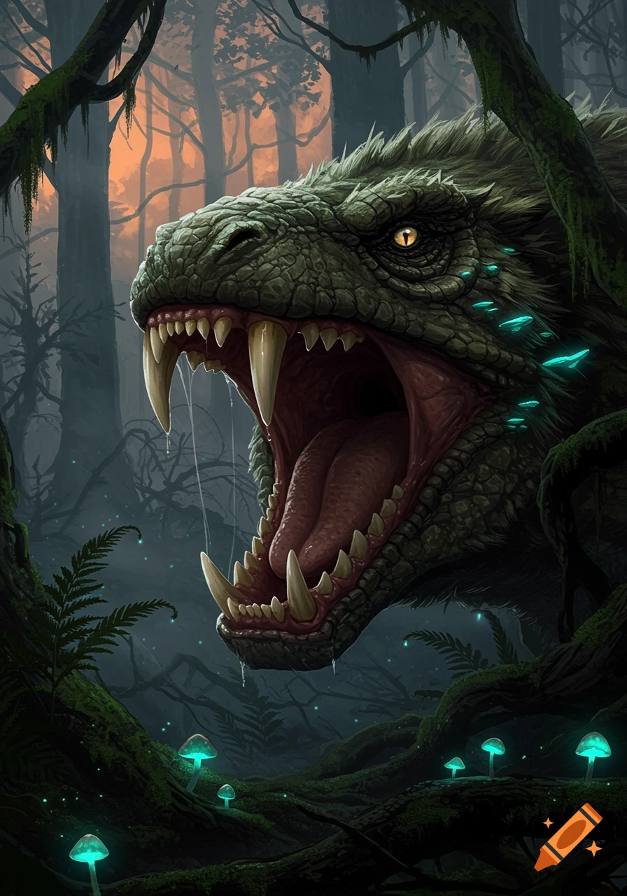 A large green reptilian monster with huge fangs and an open mouth in a dark, mossy fantasy forest with glowing mushrooms.