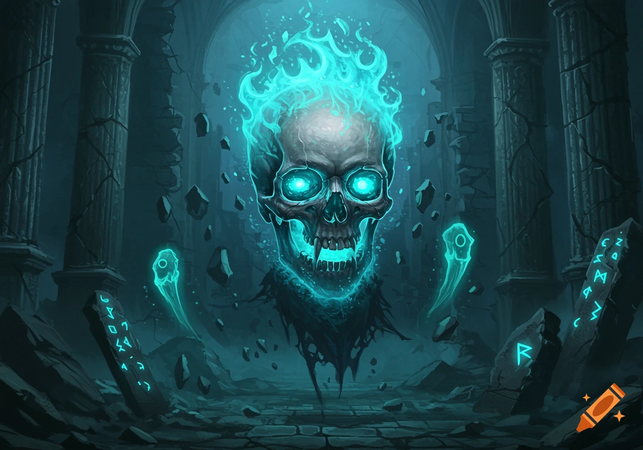 A glowing skull with blue flames floats in a dark, ruined temple with ancient glowing runes and debris.